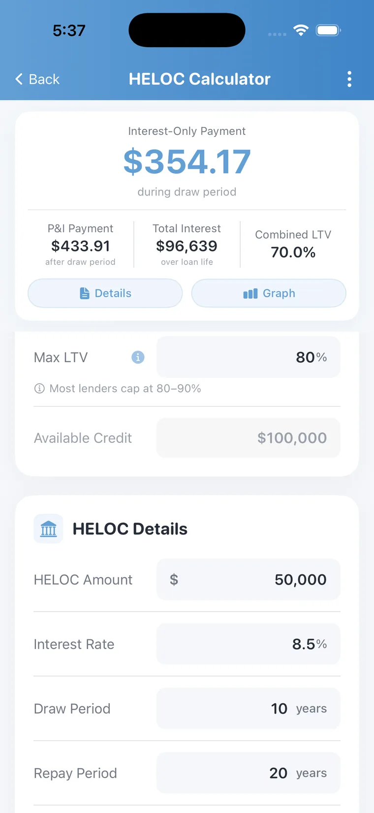 HELOC Calculator screen